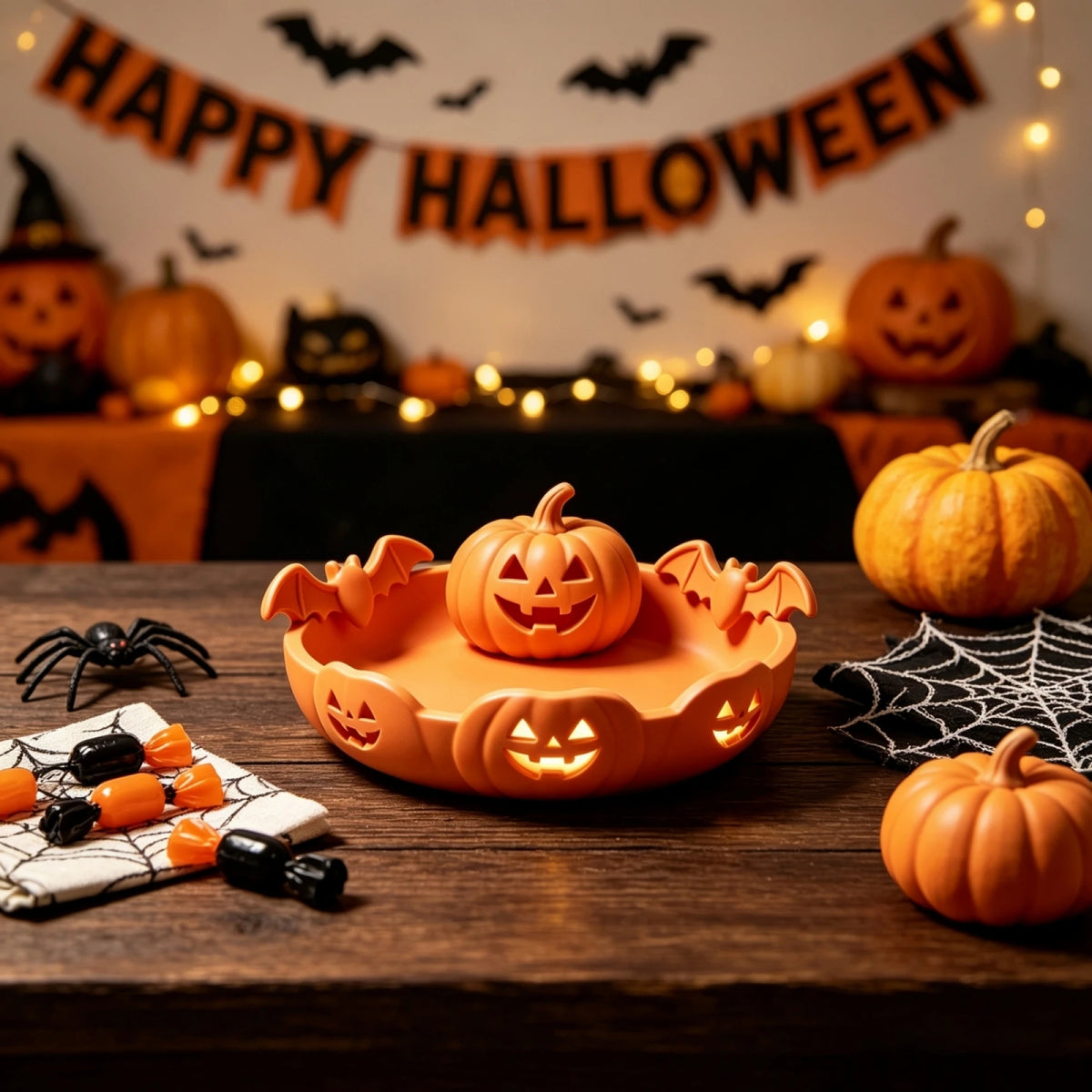 Reusable Candy Pumpkin Snack Tray for parties and Halloween decoration.
