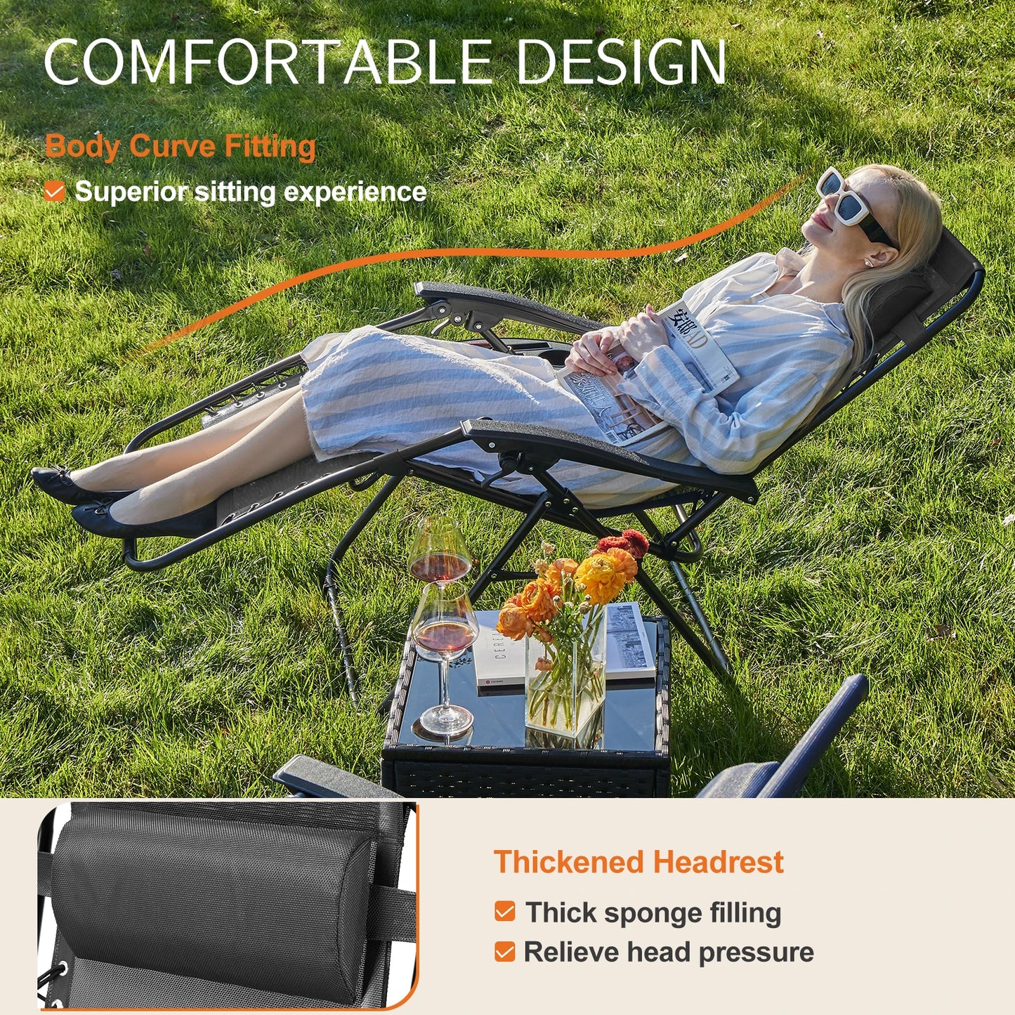 JHK Zero Gravity Portable Recliner Camping Patio Outdoor Garden Lounge Chair with Cup Holder Trays Adjustable Pillow for Backyard