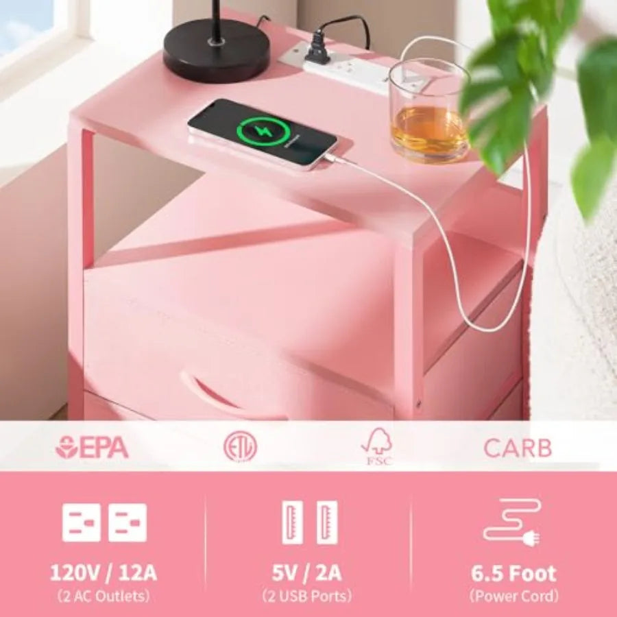 Nightstand with Charging Station, LED Night Stand with Fabric Drawers and Storage Shelf for Bedroom, Nightstands Bedside Tables