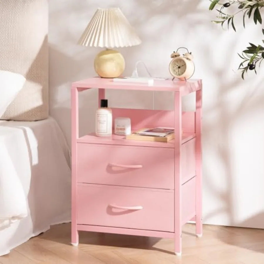 Nightstand with Charging Station, LED Night Stand with Fabric Drawers and Storage Shelf for Bedroom, Nightstands Bedside Tables