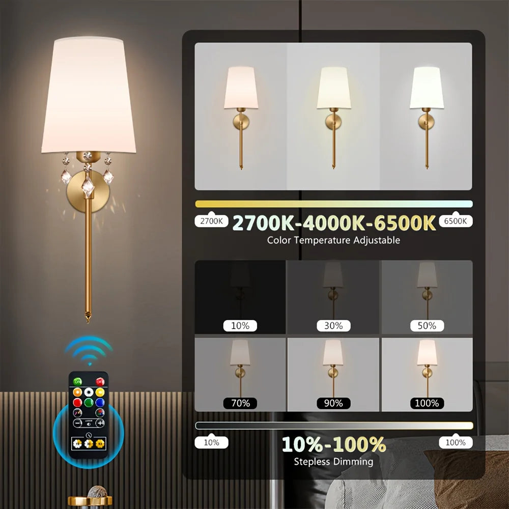 Battery Operated Wall Sconce Set of 2,Gold Rechargeable Wall Lights with Dimmable Bulbs and Remote,10 Colors Wireless W