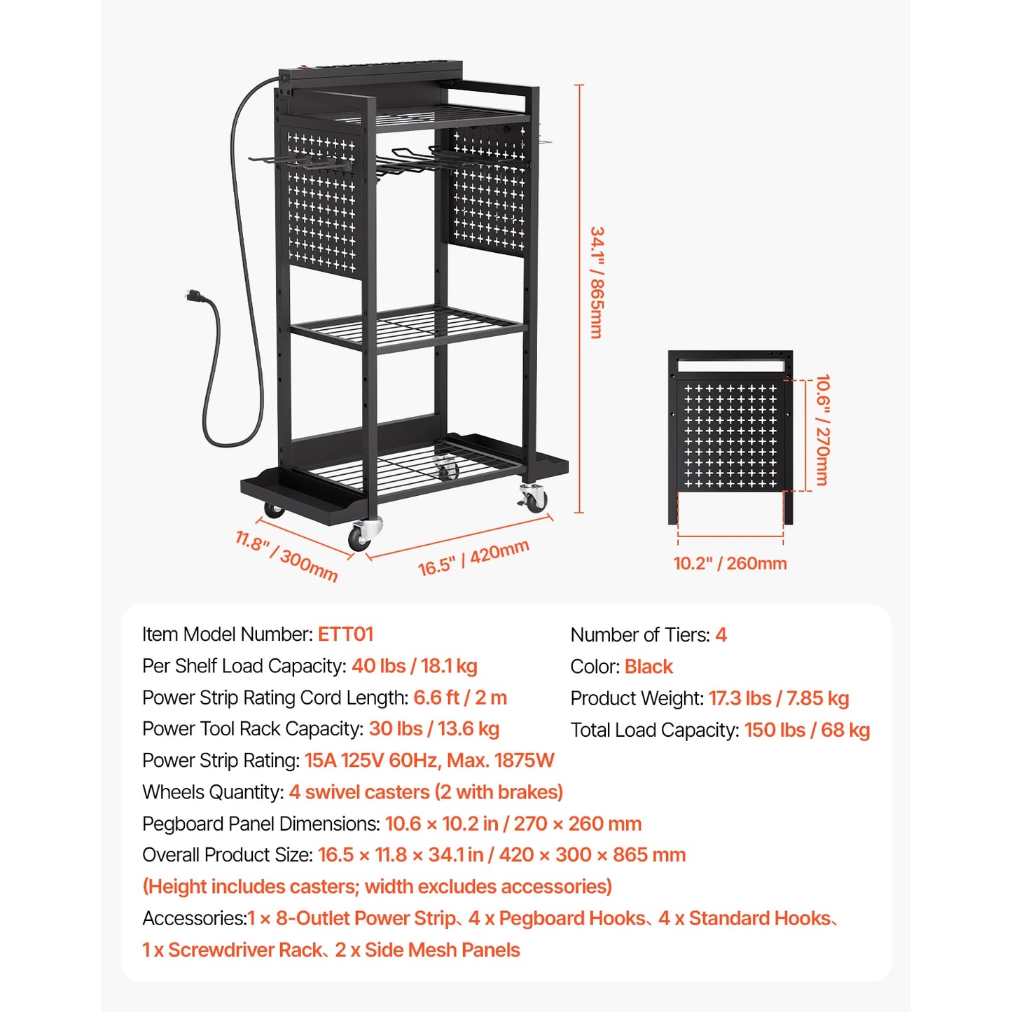 VEVOR 4-tier Tool Organizer Cart with Charging Station 8 AC Outlet Floor Stand Rolling Storage Drill Holder for Workshop Garage