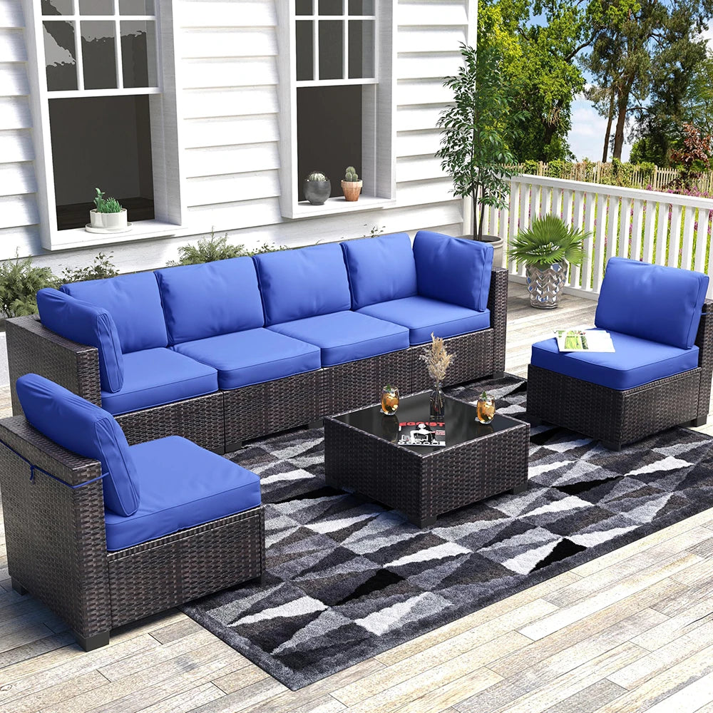 HiMISS 7-Piece PE Rattan Patio Set With Cushions Glass Table