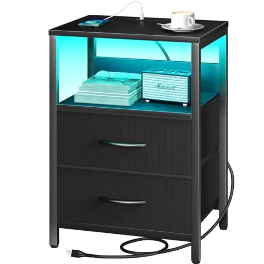 Nightstand with Charging Station, LED Night Stand with Fabric Drawers and Storage Shelf for Bedroom, Nightstands Bedside Tables