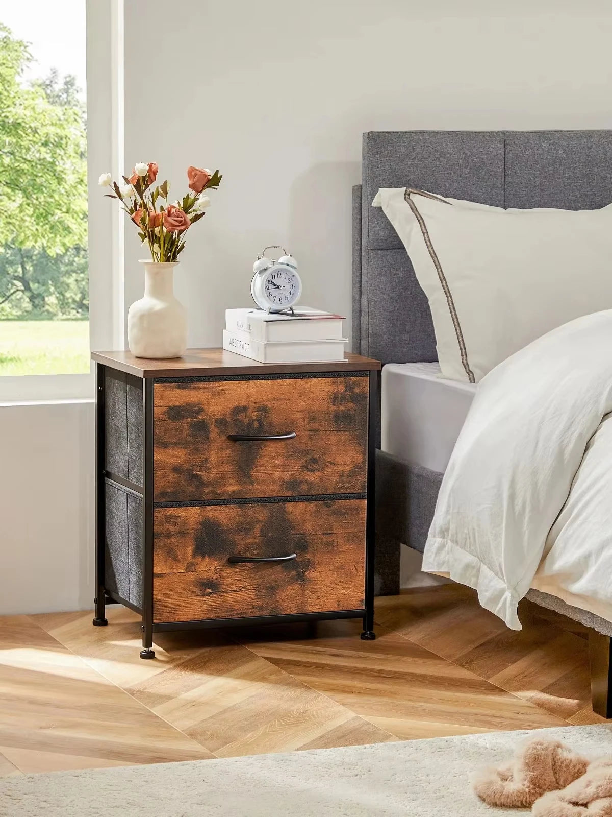 JHK Modern Metal Frame Nightstand With Two Storage Drawers