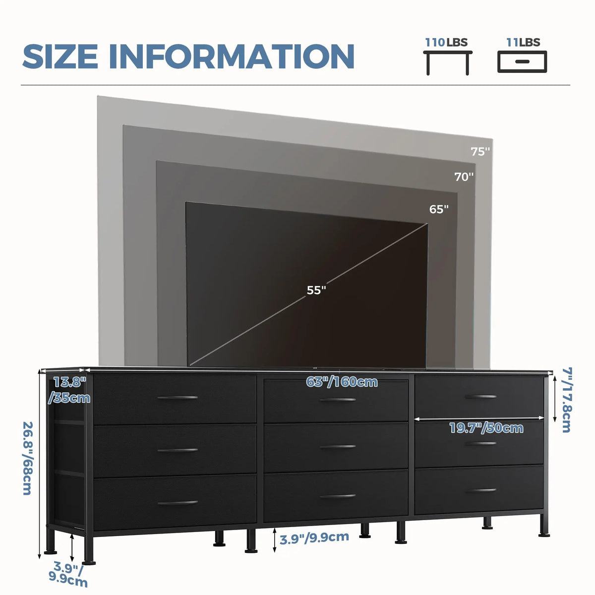 JHK Modern Nine Drawer Entertainment Center For Living Rooms