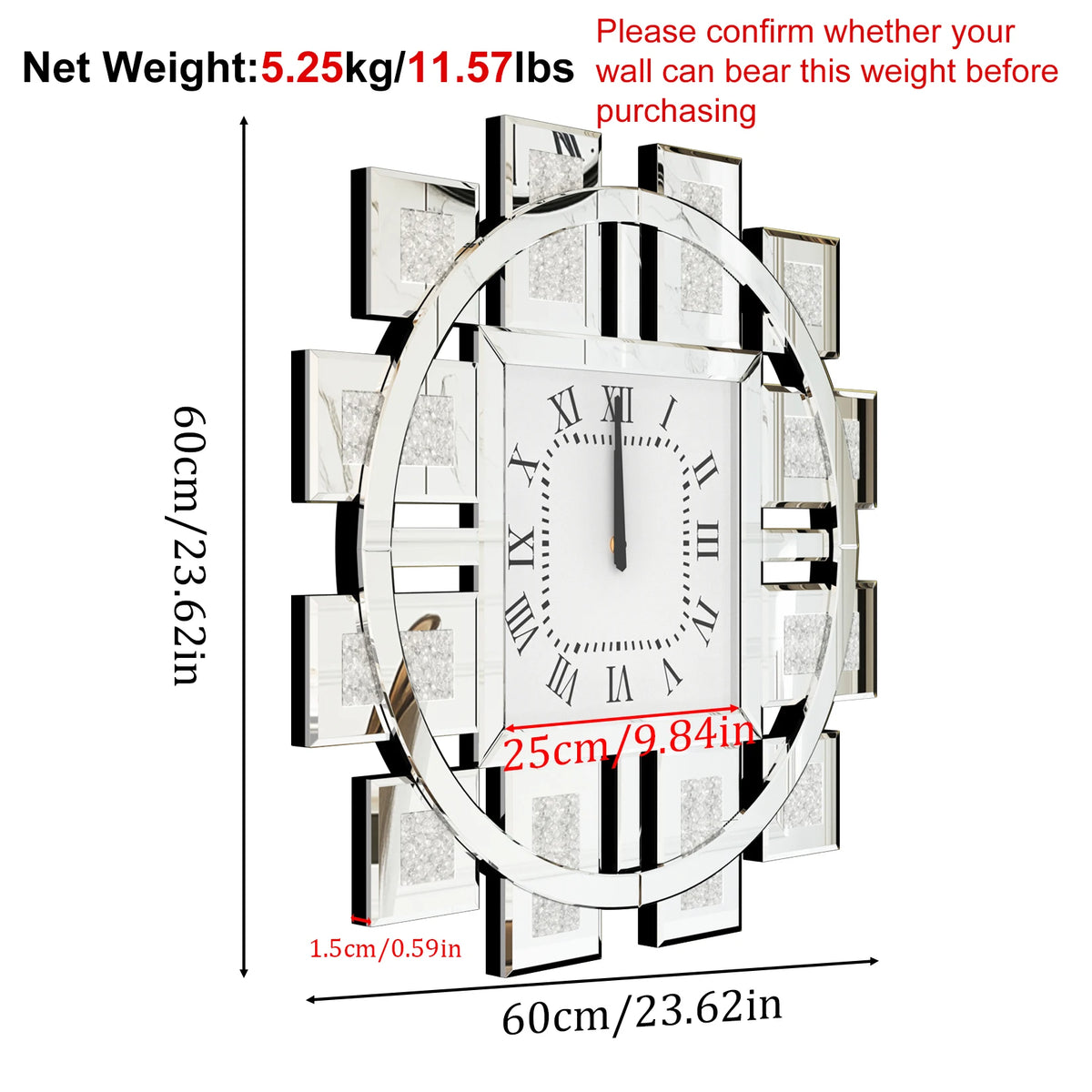 Round Wall Clock With Crushed Diamond Beveled Mirror Frame