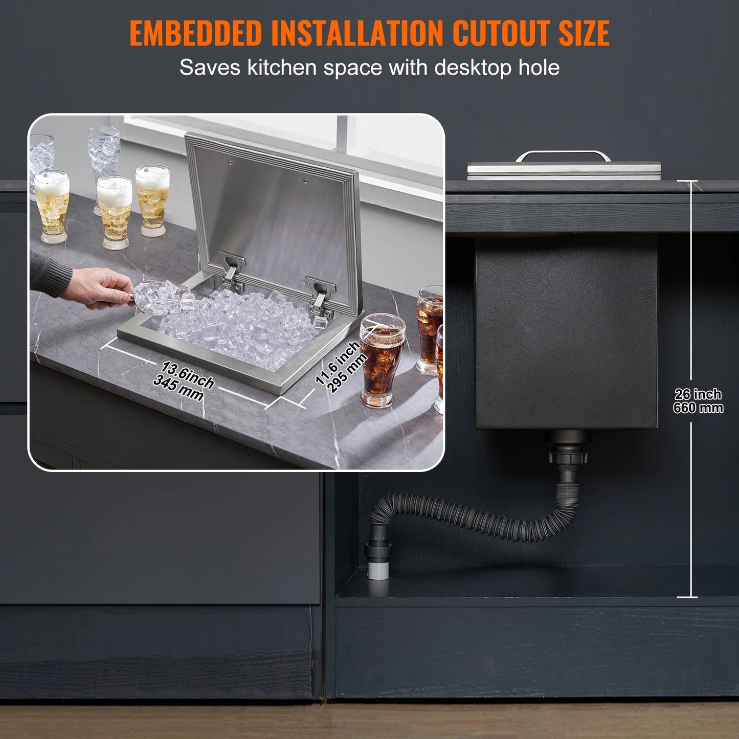 SucceBuy Drop in Ice Chest Stainless Steel Ice Cooler Commercial Ice Bin with Hinged Cover Outdoor Kitchen Ice Bar