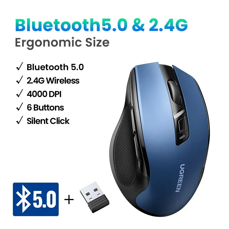 Wireless Mouse Bluetooth5.0 Mouse Ergonomic 4000DPI Mute Button, Mouse For MacBook Tablet Laptops Computer PC