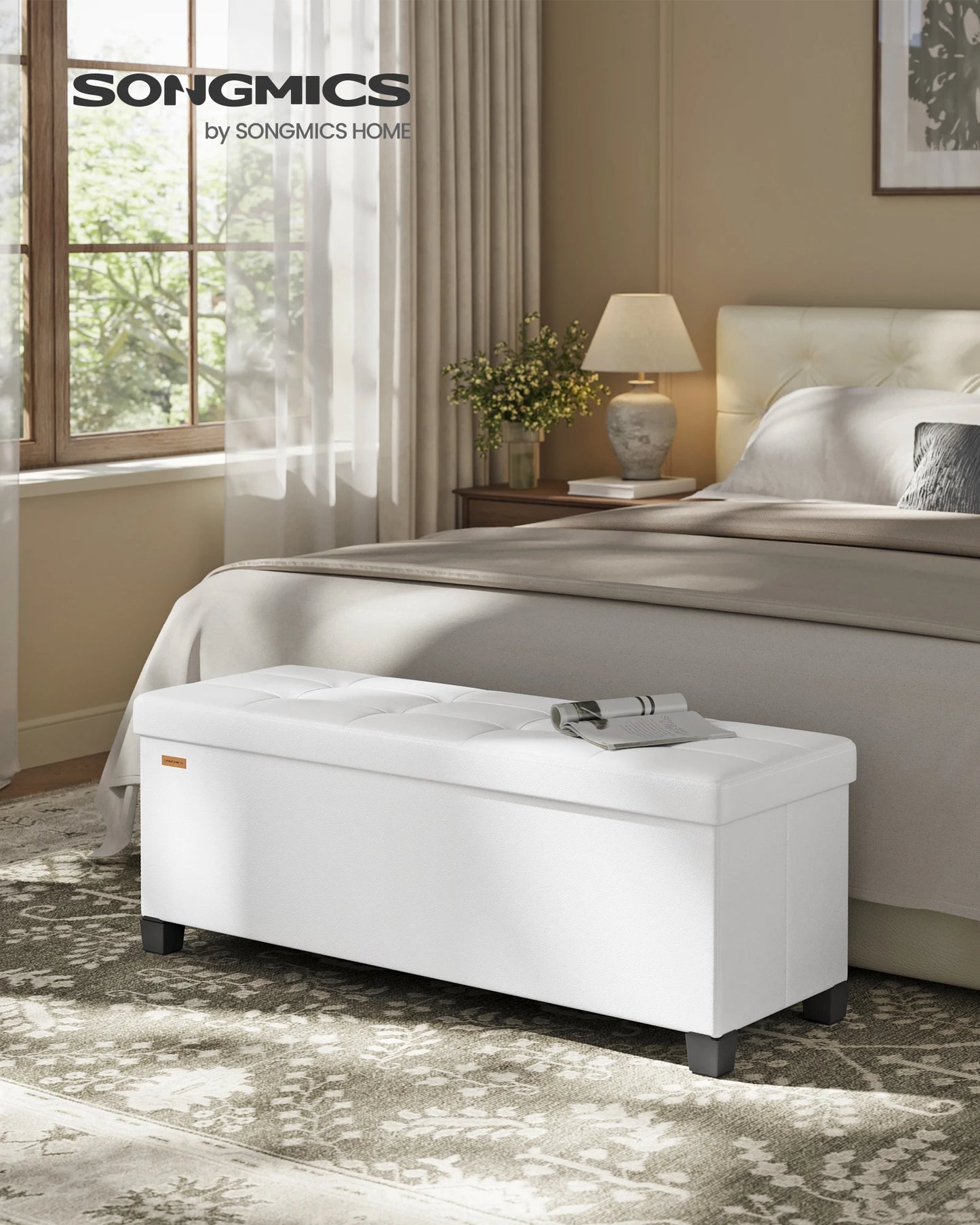 SONGMICS Storage Ottoman, Storage Bench with Legs, 15 x 43 x 15.7 Inches, Ottoman Bench, 30 Gal. (112 L), Synthetic Leather
