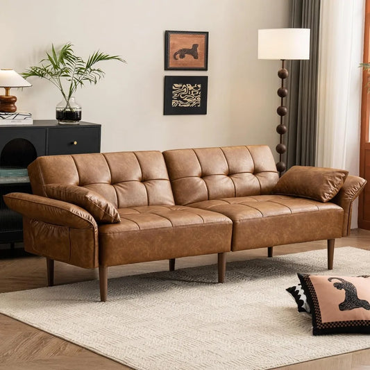 Mid Century Faux Leather Futon Sofa Bed With Storage