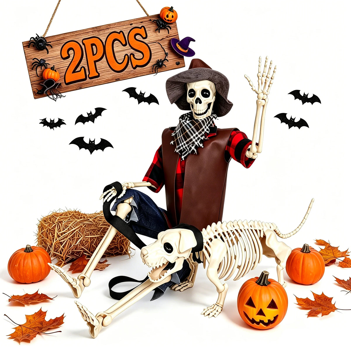 Posable Western Cowboy Skeleton Dog Halloween Outdoor Decor Set