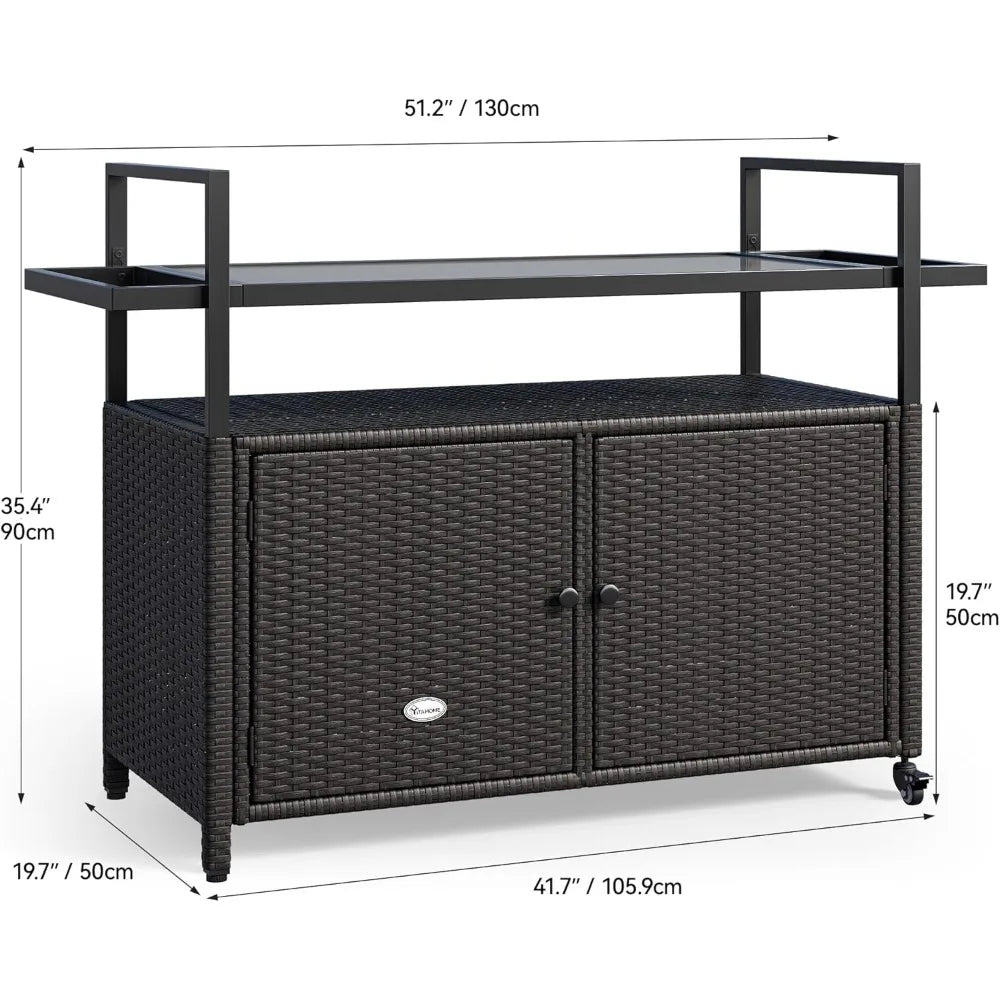 Outdoor Kitchen Wicker Island Rolling Cart, Patio Bar Table with wheels