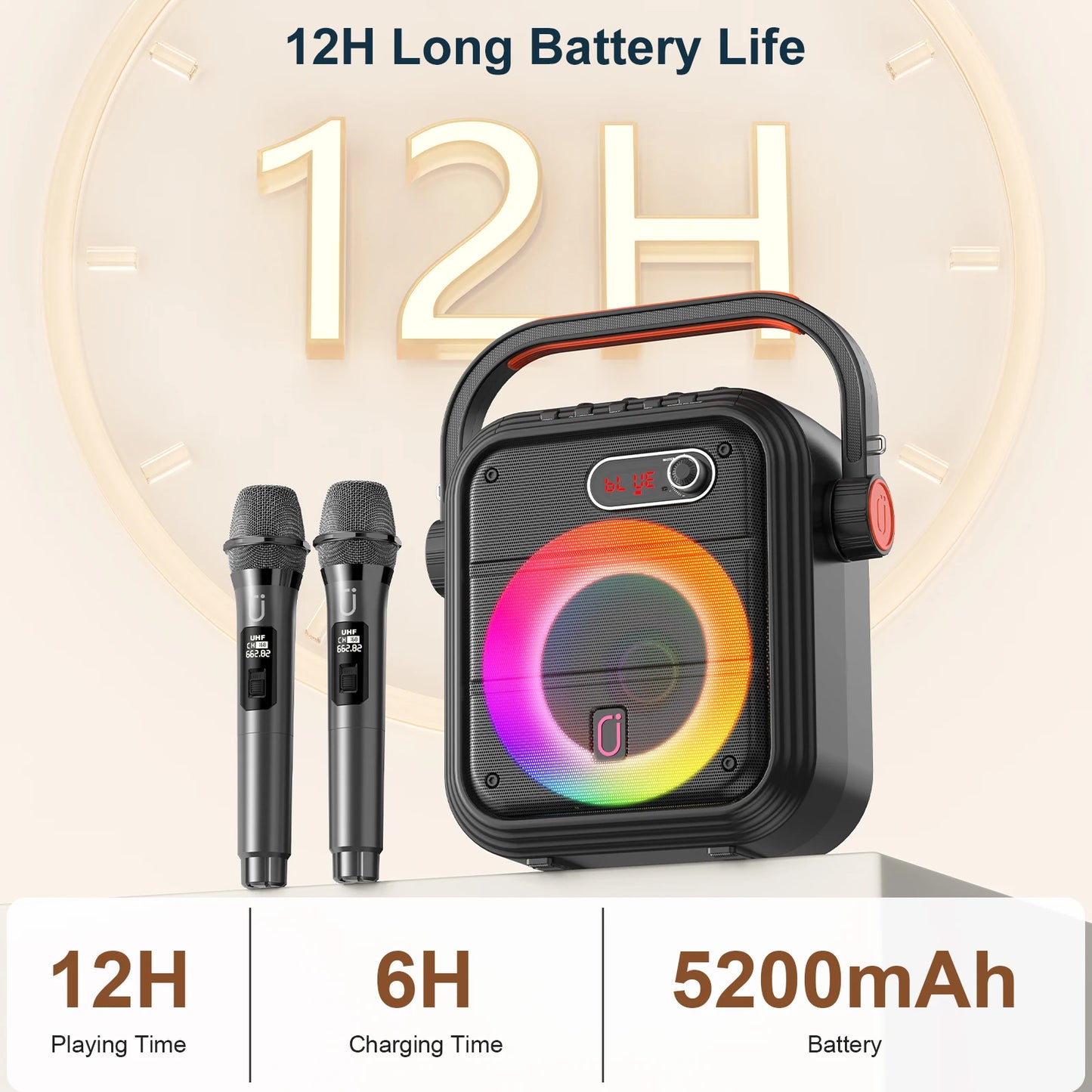 Karaoke Machine with 2 Wireless Microphones, Portable Bluetooth Speaker Lights, Supports USB, AUX, FM, Rec,