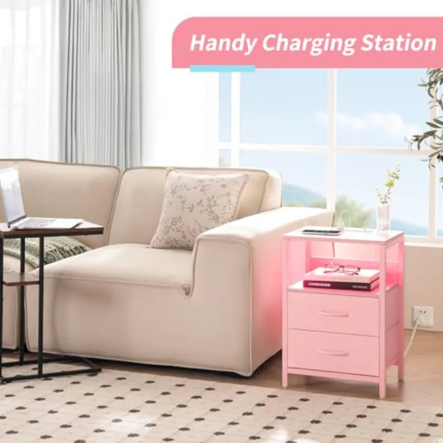 Nightstand with Charging Station, LED Night Stand with Fabric Drawers and Storage Shelf for Bedroom, Nightstands Bedside Tables
