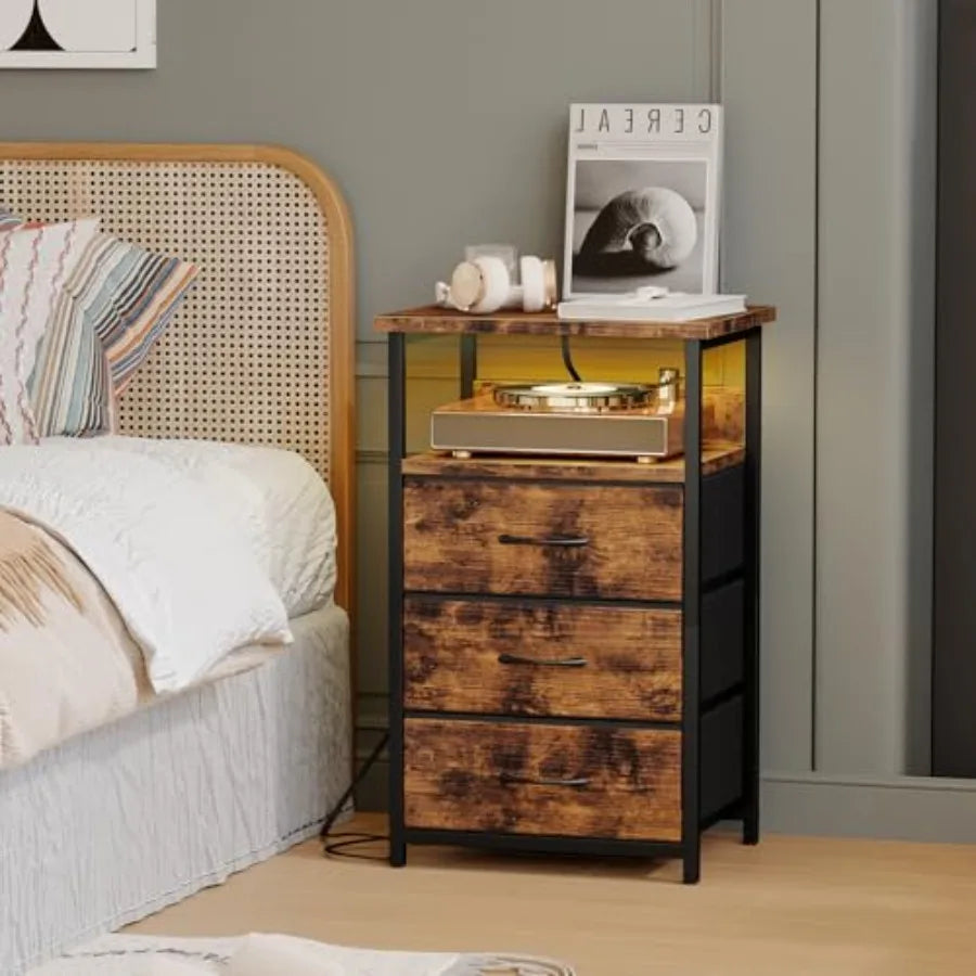 Night Stand with Charging Station, LED Nightstand with Fabric Drawers, End Table with PU Finish, Bed Side Table