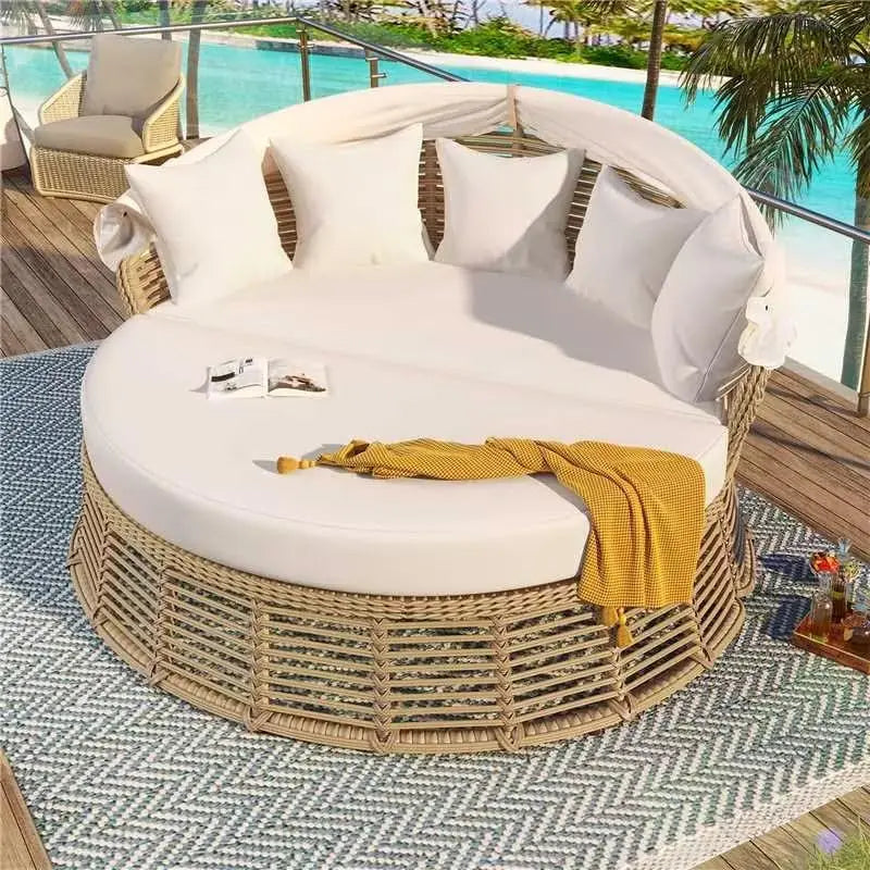 Outdoor Patio Round Rattan Daybed With Retractable Canopy Wicker Furniture