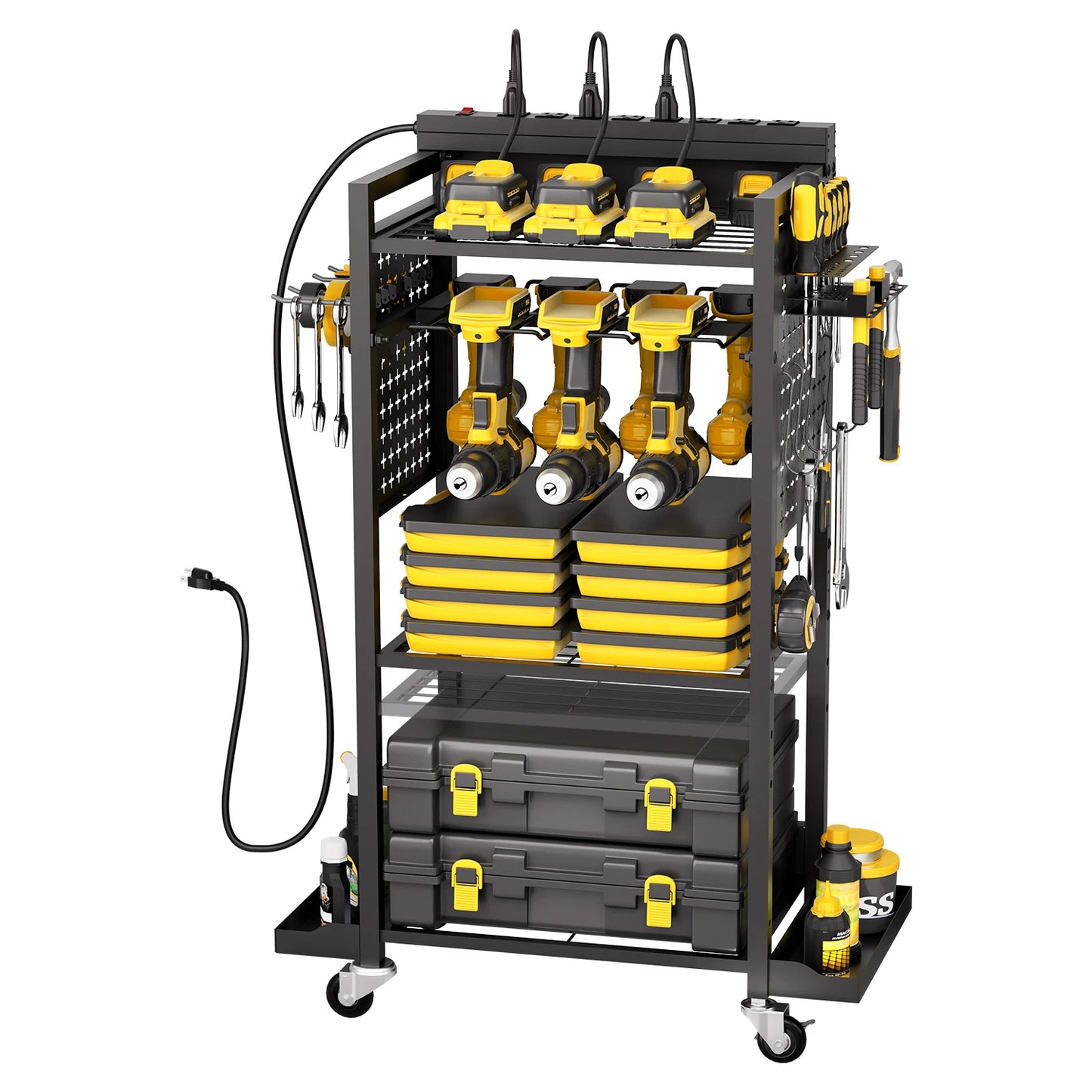 VEVOR 4-tier Tool Organizer Cart with Charging Station 8 AC Outlet Floor Stand Rolling Storage Drill Holder for Workshop Garage