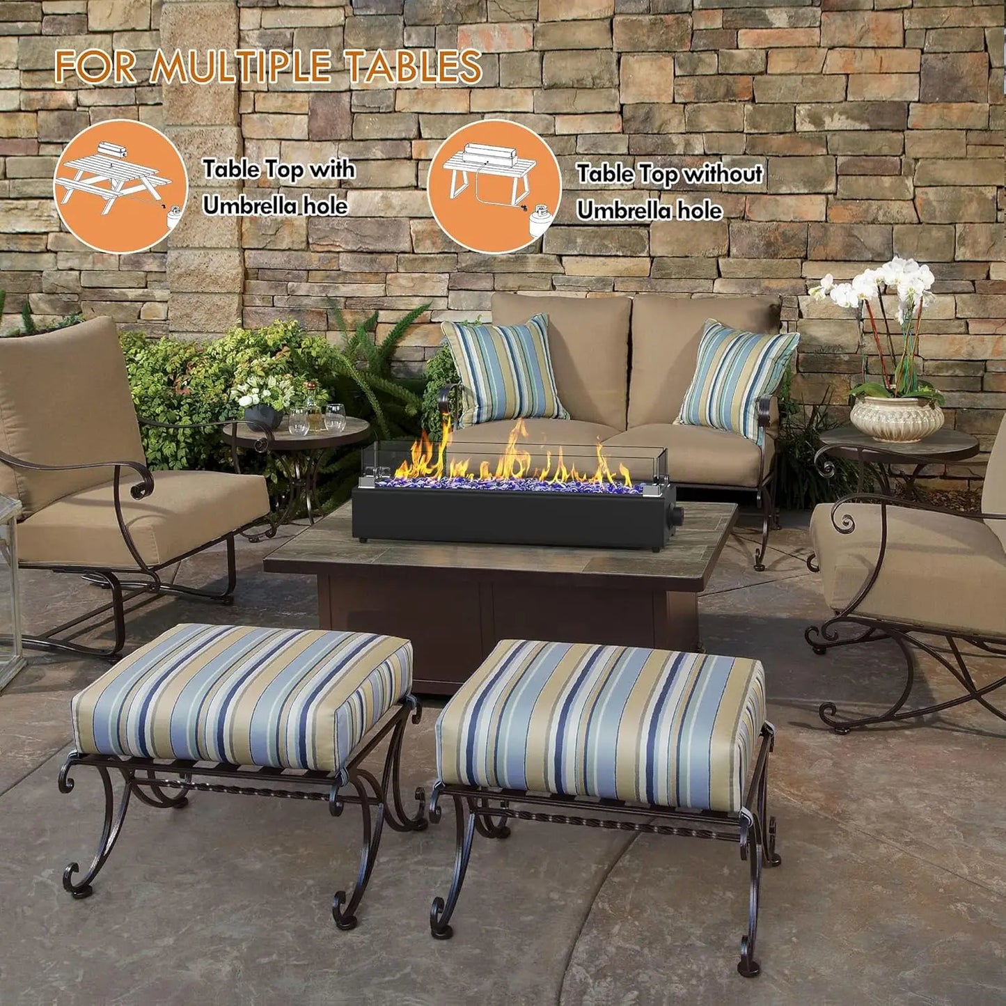 Outdoor Patio Portable Propane Tabletop Fire Pit, 40,000 BTU, Black, with Wind Glass Shield & Glass Rocks