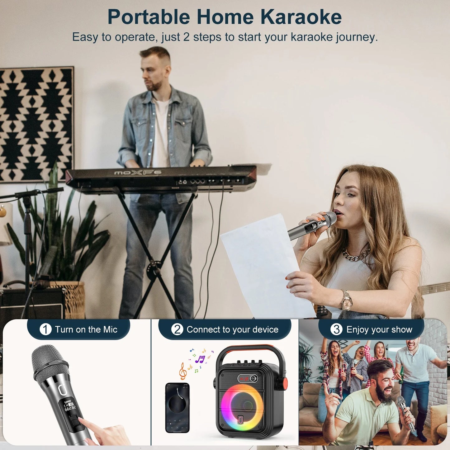 Karaoke Machine with 2 Wireless Microphones, Portable Bluetooth Speaker Lights, Supports USB, AUX, FM, Rec,