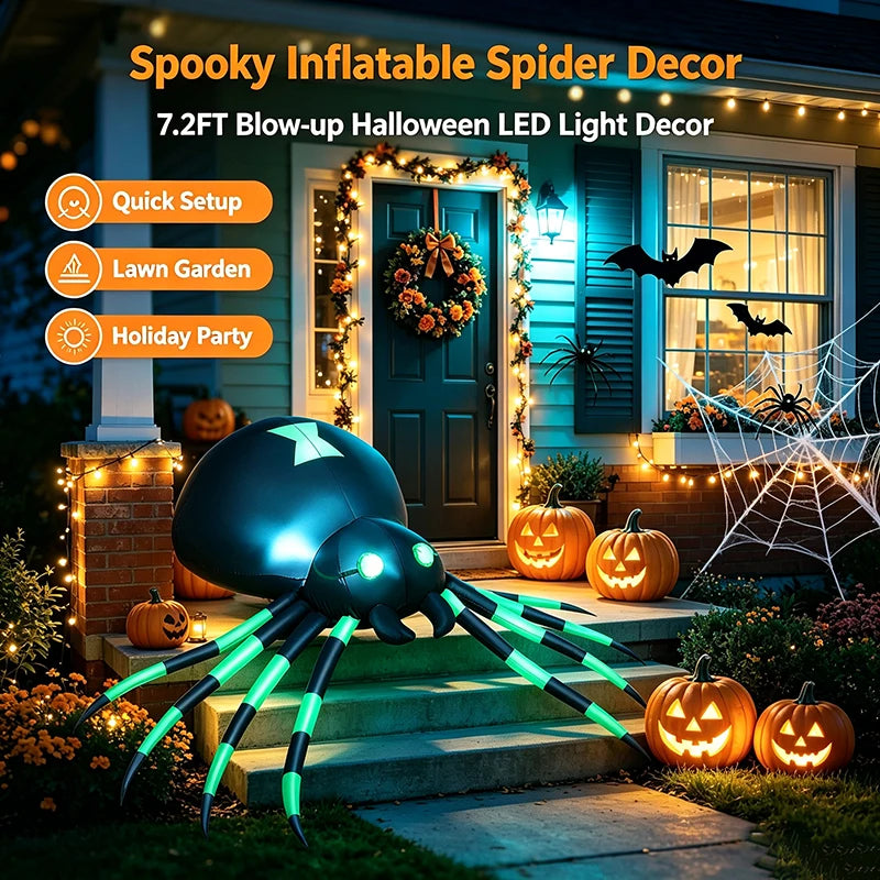 Giant 7.2 FT LED Glowing Inflatable Spider Creepy Blow Up Yard Decor with Stakes & Blower, Outdoor Halloween Airblown Spider for Lawn Garden Party Quick Setup & Fast Deflate Design Fast Shipping