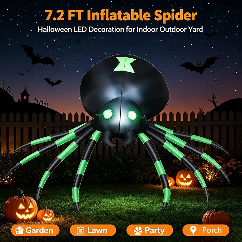 Giant 7.2 FT LED Glowing Inflatable Spider Creepy Blow Up Yard Decor with Stakes & Blower, Outdoor Halloween Airblown Spider for Lawn Garden Party Quick Setup & Fast Deflate Design Fast Shipping