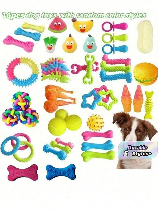 16-Piece Durable Chew Toy Set - Breathable Interactive Training Chew Toys for Spring and Summer Outdoor Use, Available in Various Shapes, Textures, Plastic Materials, Colors, and Styles, Suitable for Small and Medium-Sized Do