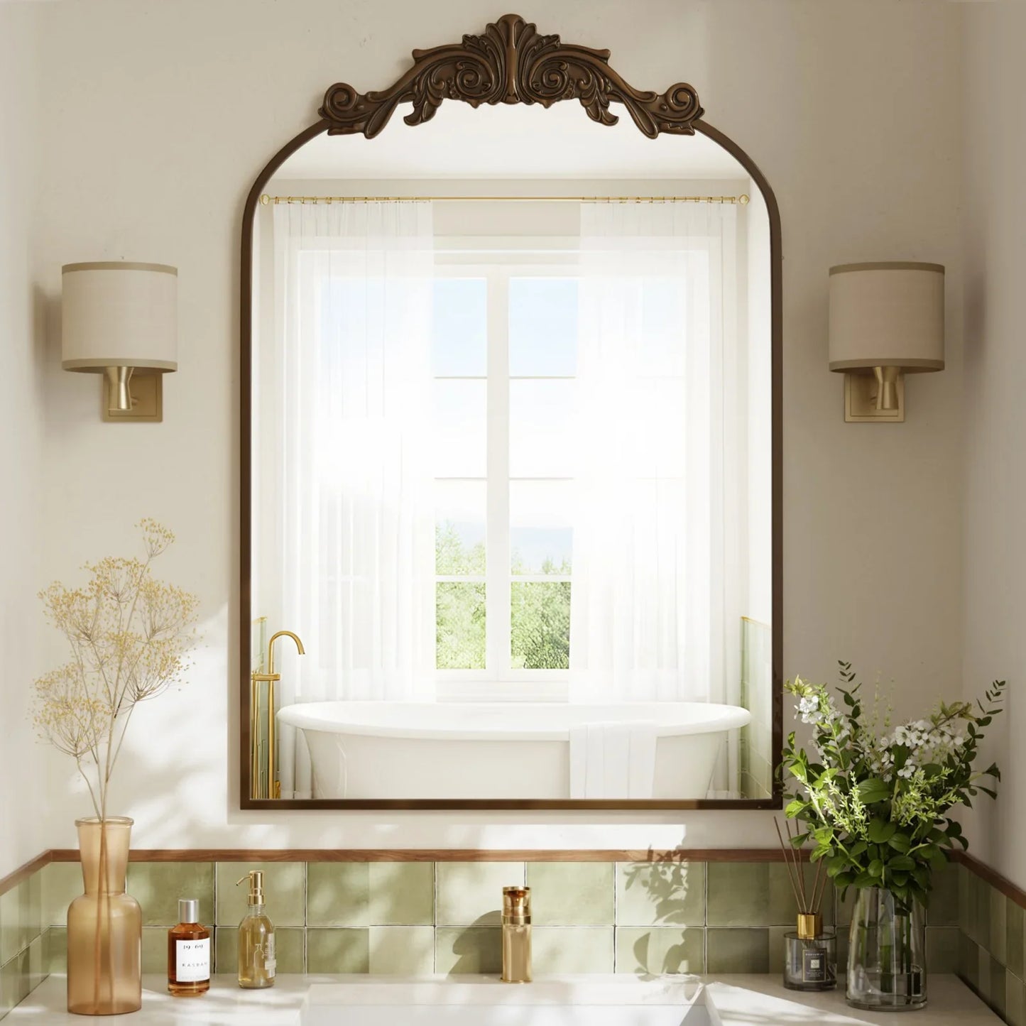 BEAUTYPEAK Classic Wall Decor Mirror Arched Metal Vintage Bathroom Mirror