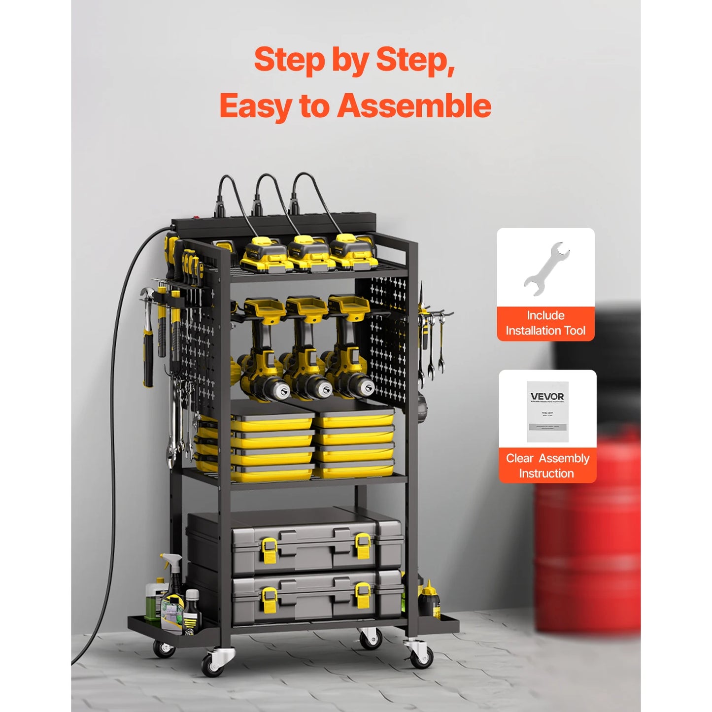 VEVOR 4-tier Tool Organizer Cart with Charging Station 8 AC Outlet Floor Stand Rolling Storage Drill Holder for Workshop Garage