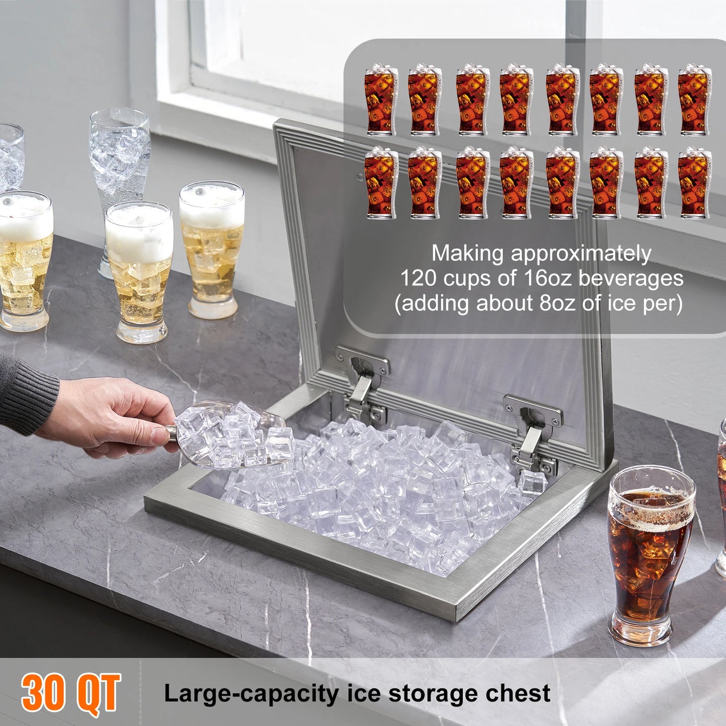 SucceBuy Drop in Ice Chest Stainless Steel Ice Cooler Commercial Ice Bin with Hinged Cover Outdoor Kitchen Ice Bar