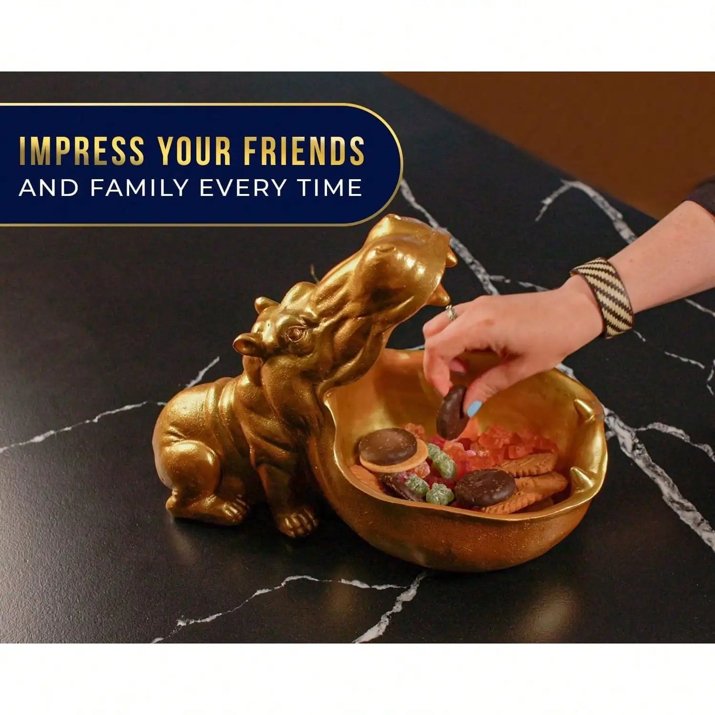 Hip Hippo Resin Figurine – Funky Hippopotamus Sculpture With Open Bowl Design For Snacks, Keys, Or Trinkets – Decorative Holder With Elegant Golden Finish – Playful Accent For Modern Decor
