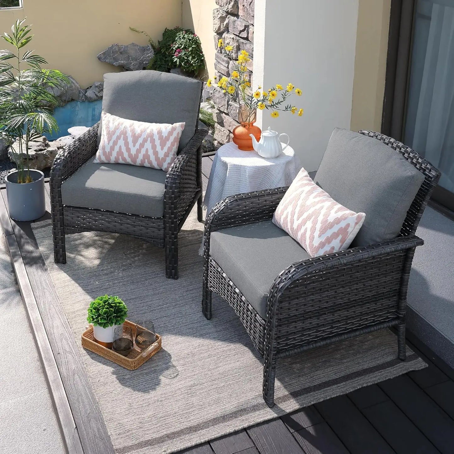 2-Piece Patio Furniture Set, Outdoor Wicker Sofa with Chairs, High Back Rattan Chair with Comfy Cushions for Porch, Customized