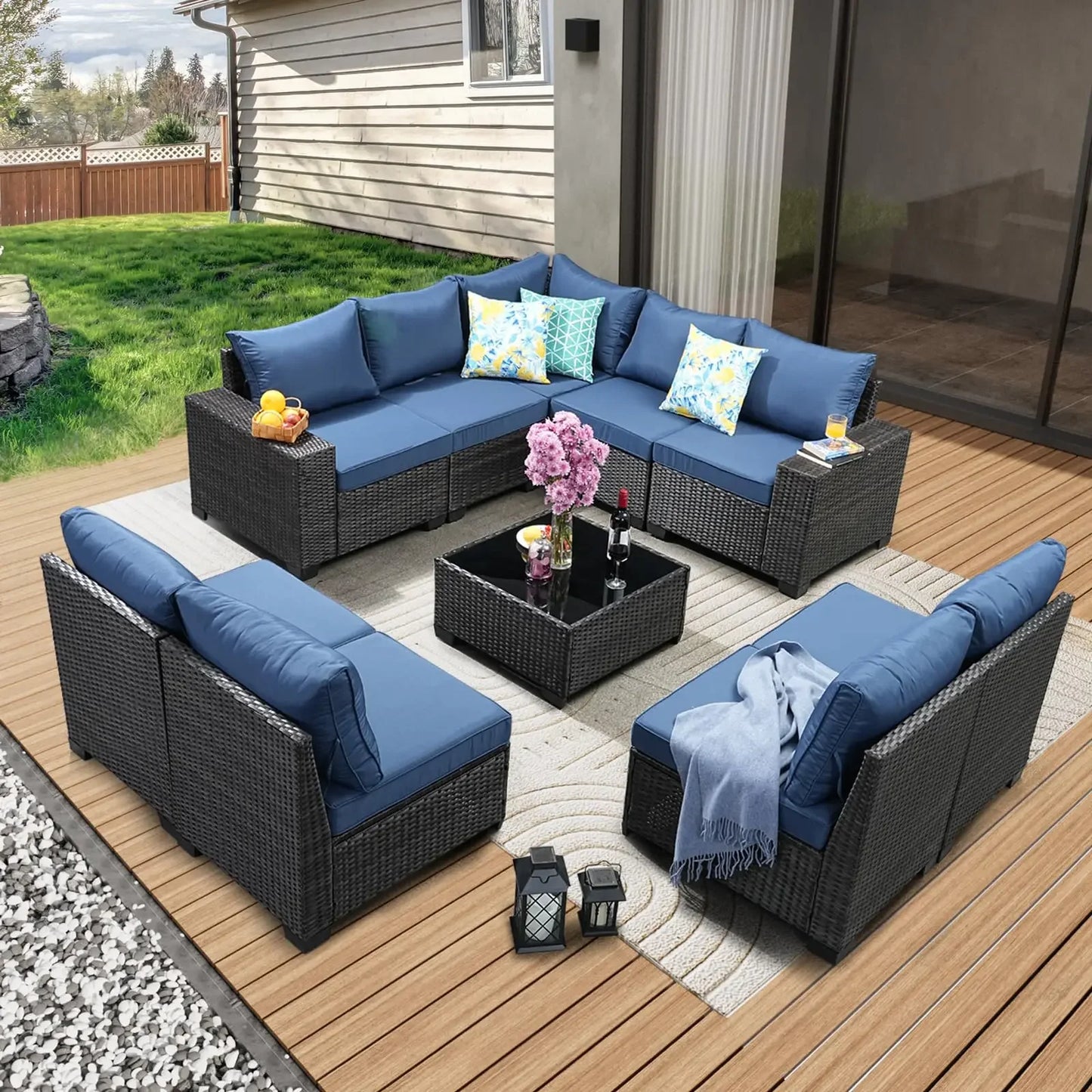 Patio Furniture Set Outdoor Wicker Sectional Conversation Sofa Rattan Patio Seating Sofa with Cushion and Glass Table