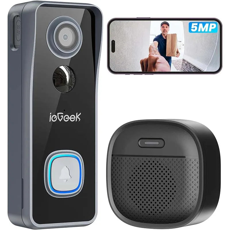 iegeek 5MP wireless doorbell camera, no subscription required , voice converter, two-way audio, PIR motion detection, 2.4GHzWiFi