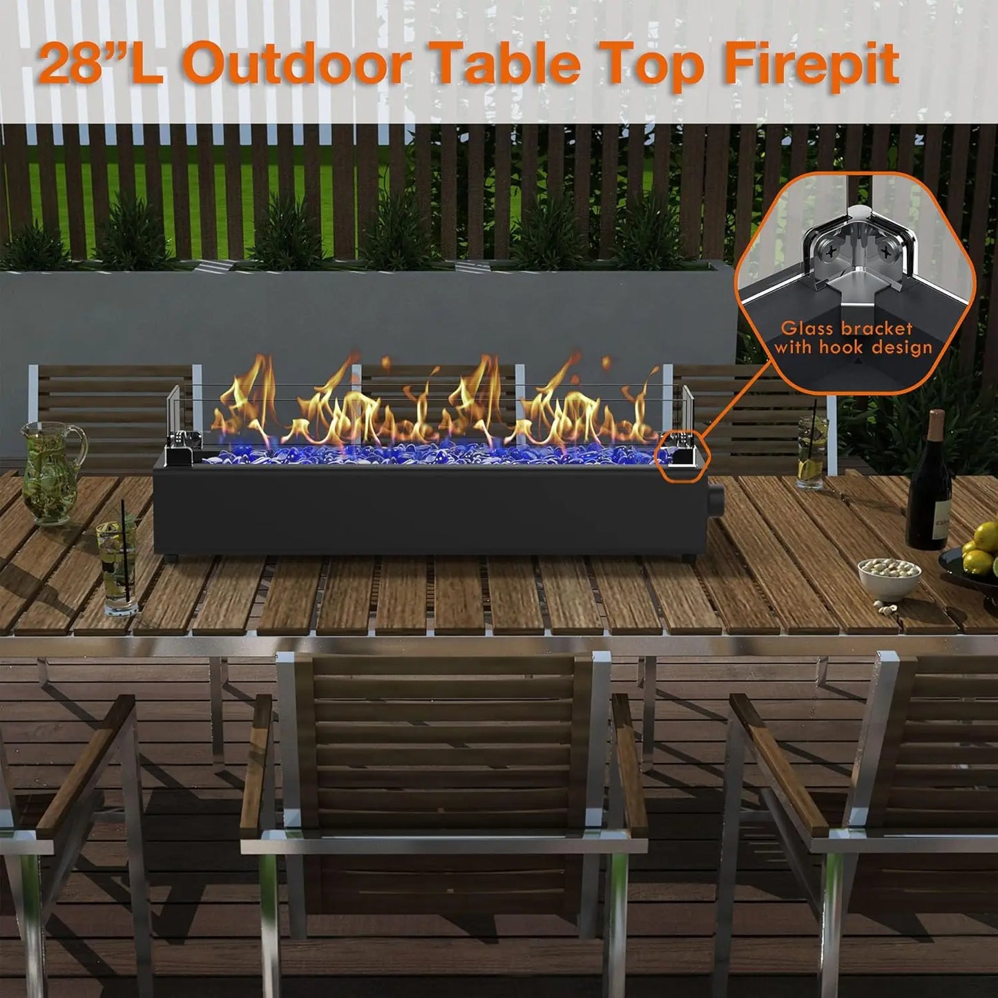 Outdoor Patio Portable Propane Tabletop Fire Pit, 40,000 BTU, Black, with Wind Glass Shield & Glass Rocks