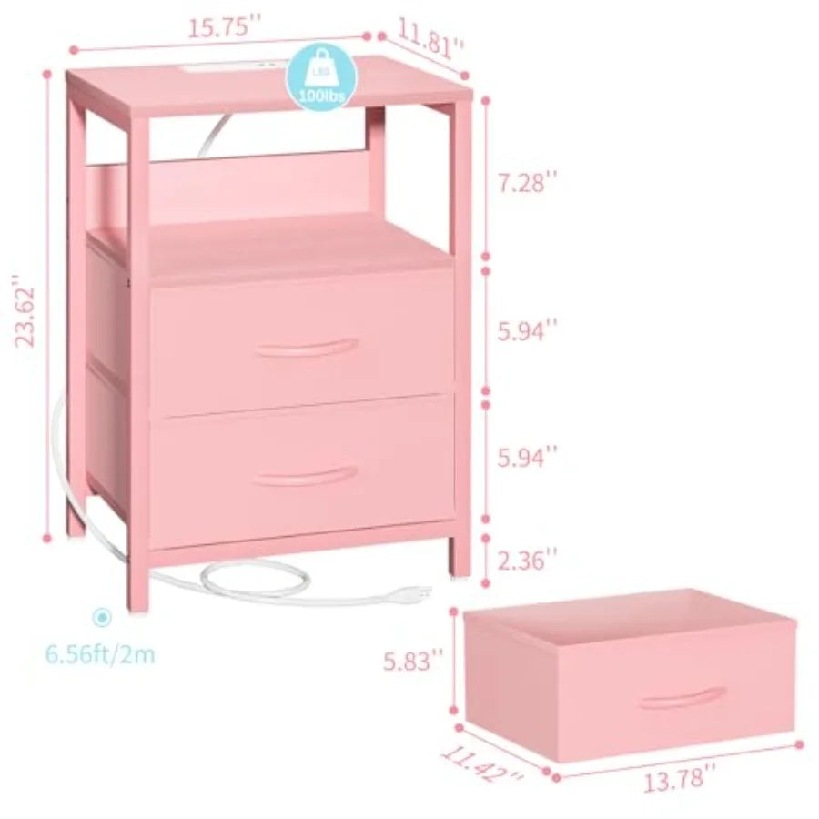 Nightstand with Charging Station, LED Night Stand with Fabric Drawers and Storage Shelf for Bedroom, Nightstands Bedside Tables
