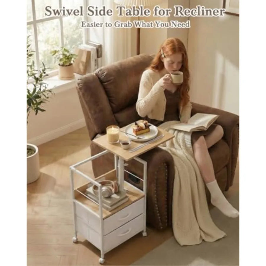Swivel Lift Top Nightstand with Charging Station Rolling Side Table for Recliner Bedside Table with Wheels and Fabric for Small
