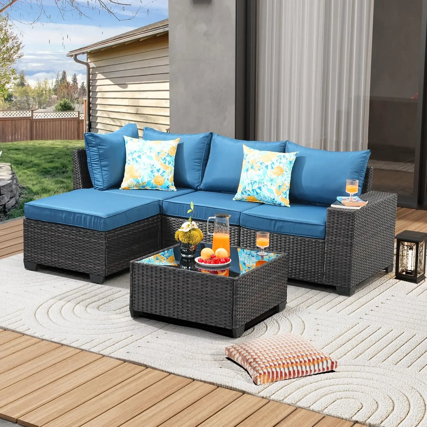 Patio Furniture Set Outdoor Wicker Sectional Conversation Sofa Rattan Patio Seating Sofa with Cushion and Glass Table