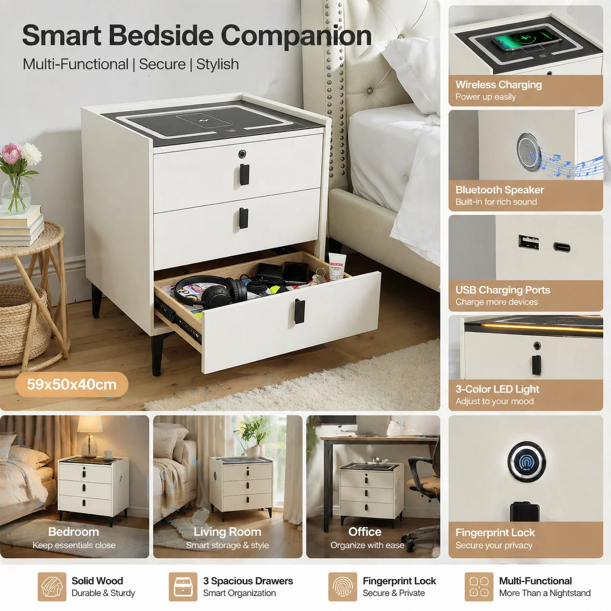 59x50x40cm Solid Wood Smart Nightstand 3-Drawer USB&Wireless Charging BT Speaker Fingerprint Lock 3-Color Light Beige White