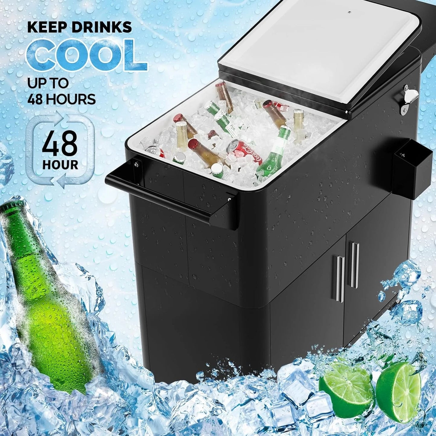 Outdoor Patio Beverage Cooler Ice Chest with Attached Storage Cabinet, Built-In Bottle Opener & Bottom Drainage System, Rolling Beverage Storage Cart for Parties, Deck, Pool and Backyard Gathering