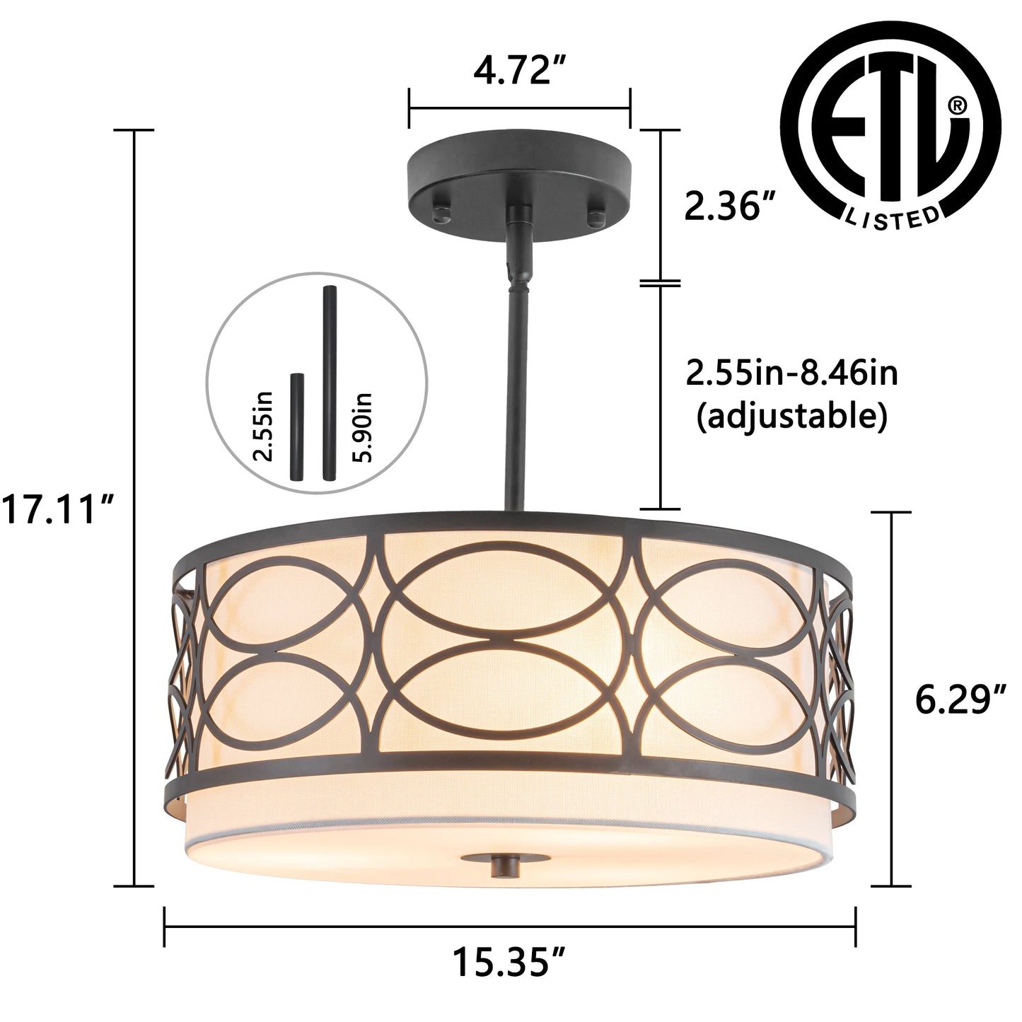 3-Light Drum Chandelier Iron Semi-Flush Mount Ceiling Fixture Dining Room