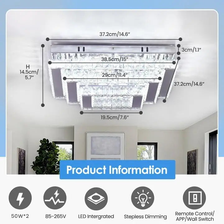 FRIXCHUR Dimmable Square Crystal Flush Mount Ceiling Light 3000-6500K Remote
