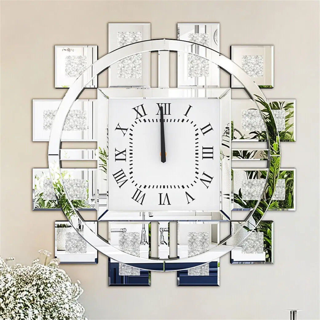 Round Wall Clock With Crushed Diamond Beveled Mirror Frame