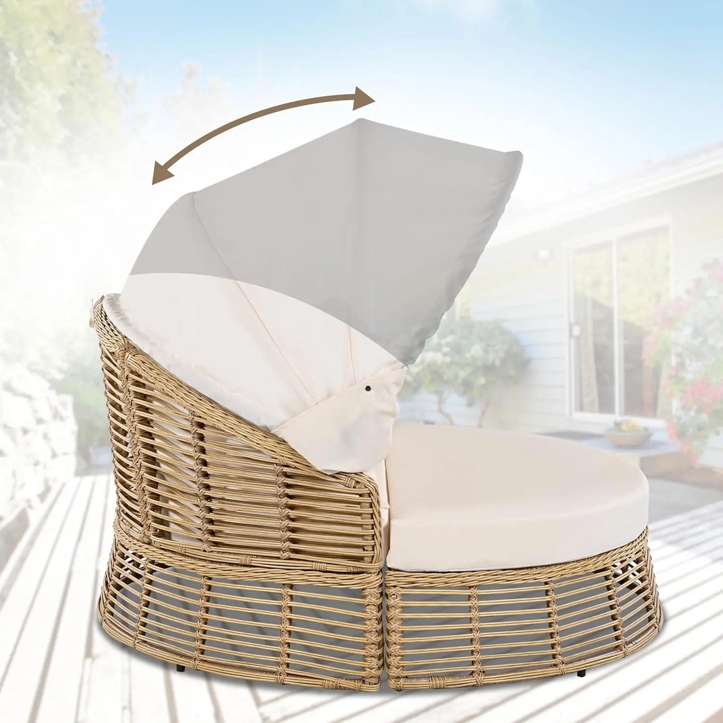 Outdoor Patio Round Rattan Daybed With Retractable Canopy Wicker Furniture