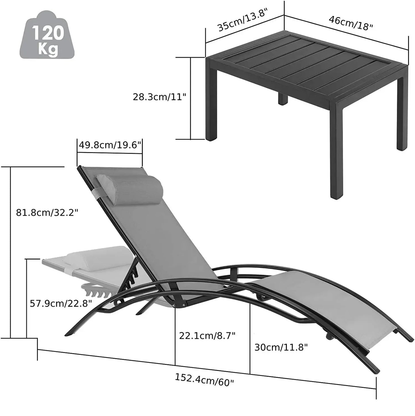 Aluminum Lounge Chair for Outside with 5 Adjustable Positions with Table 3Pcs Chaise Outdoor for Pool, Garden, Camping, Backyard