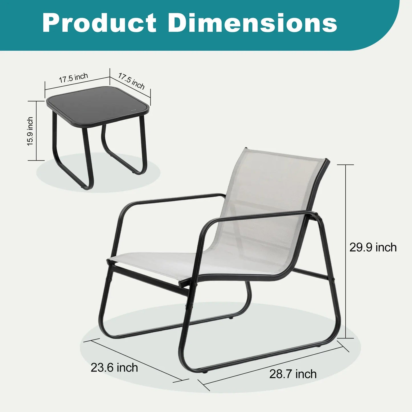 JHK Patio Furniture 3 Pieces Set with Table Outdoor Metal Frame Lumbar Support Mesh Backrest Sectional Balcony Sets for Garden