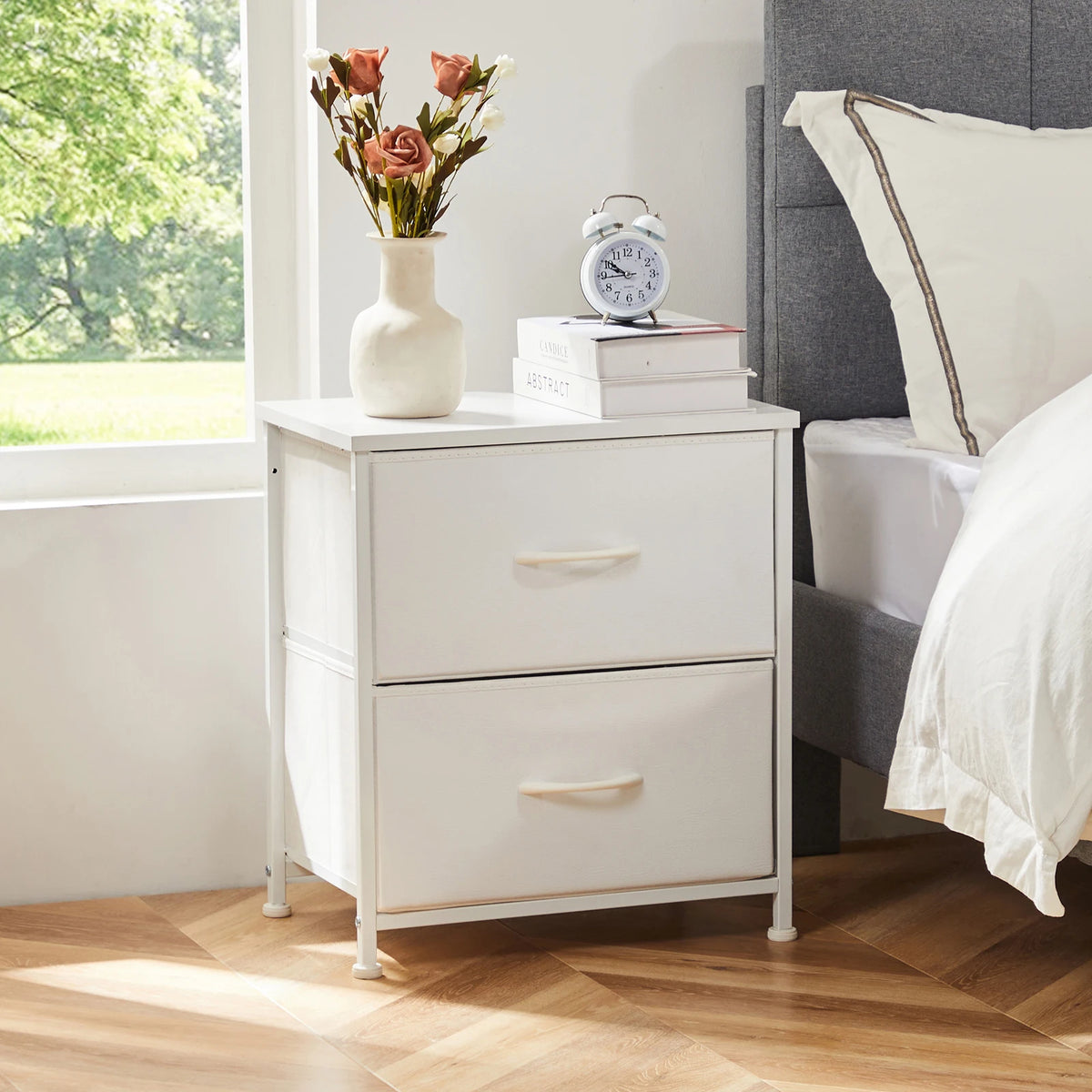 JHK Modern Metal Frame Nightstand With Two Storage Drawers