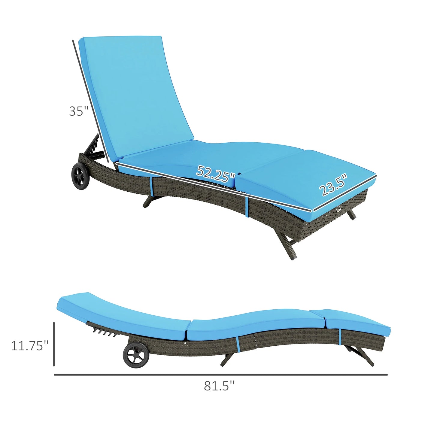 Outdoor Reclining Lounge Chair, PE Wicker, Rolling Wheels, Patio, Sky Blue