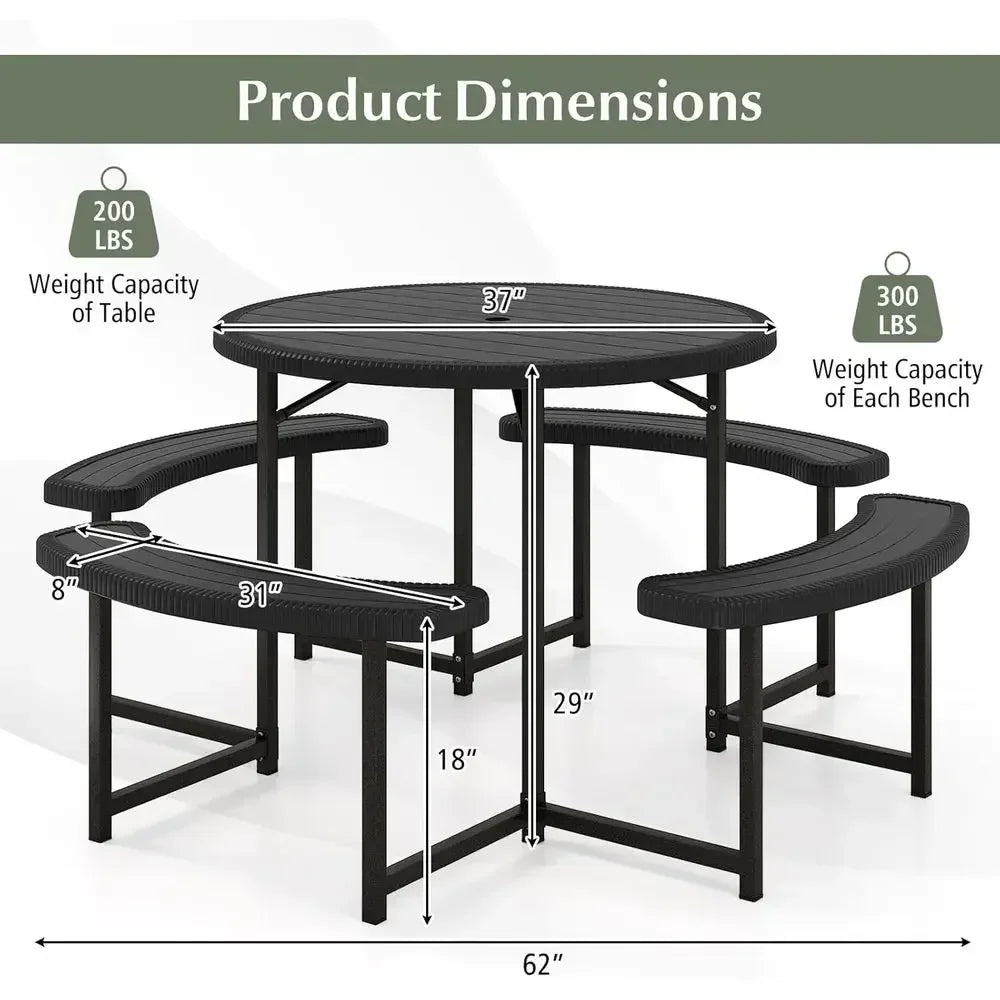 8-Person Round Outdoor Dining Table with Umbrella Hole, 37 HDPE Top, Metal Frame, Black Patio Furniture Set