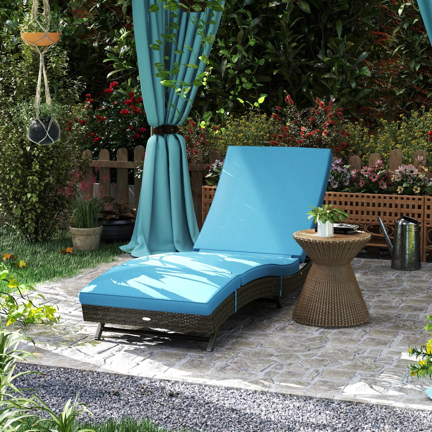 Outdoor Reclining Lounge Chair, PE Wicker, Rolling Wheels, Patio, Sky Blue